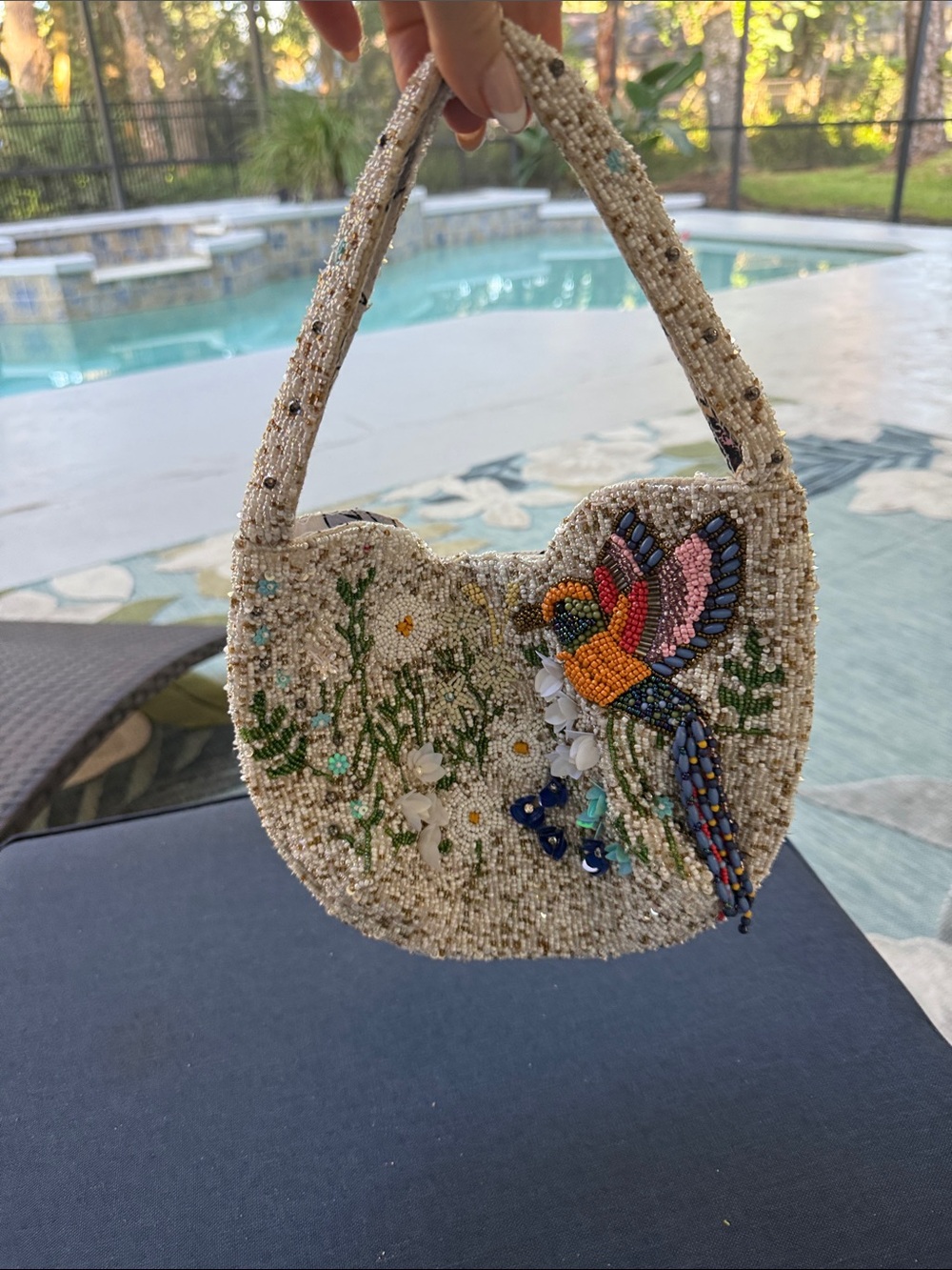 Beaded Parrot Mini Shoulder Bag in Cream with Multicolor Bird Motif